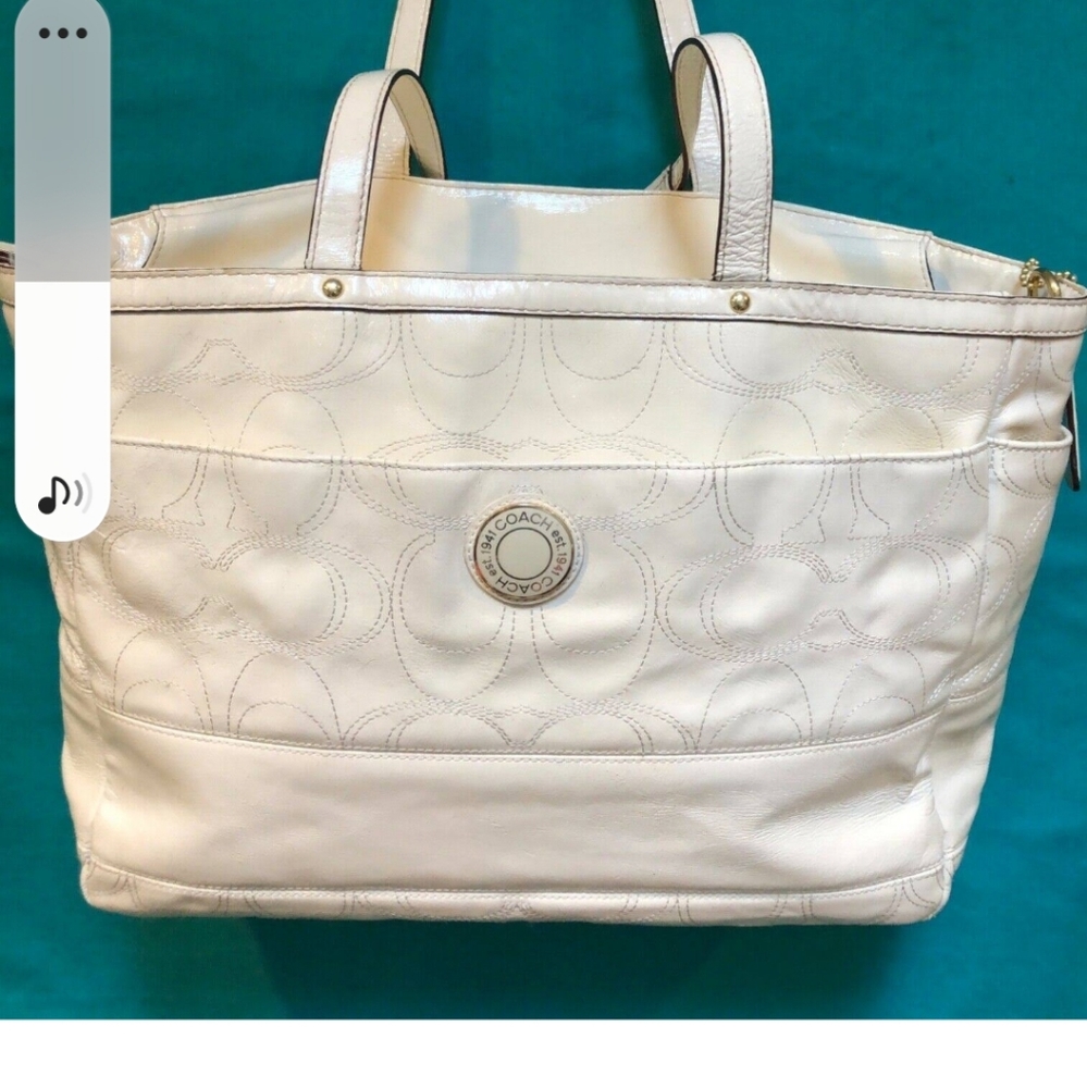 AUTHENTIC/Coach LEATHER Signature Diaper Bag/Ivory/Large